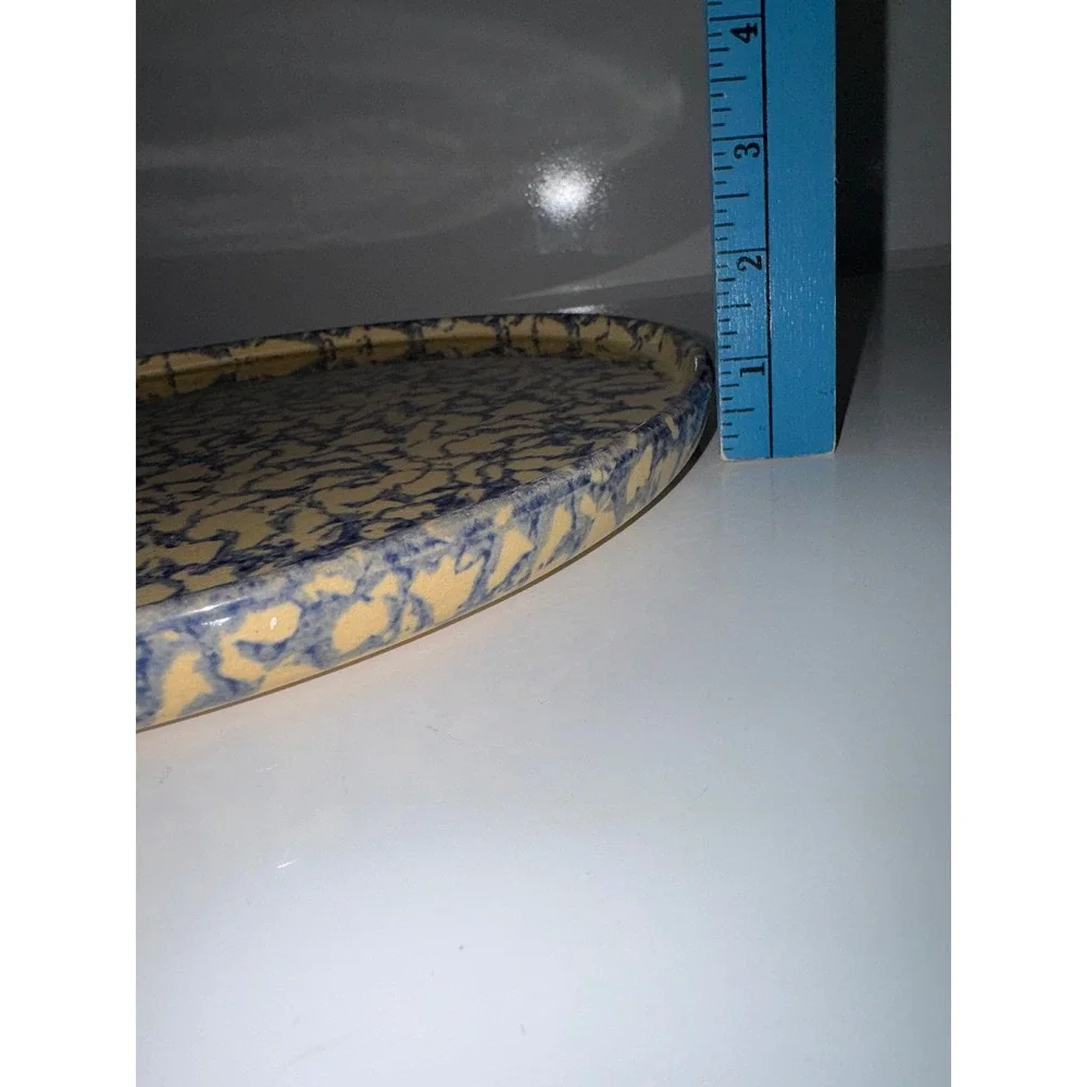 Vintage RRP USA Stoneware Pizza Pan 12 Blue Sponge Tan Yellowware Baking Stone